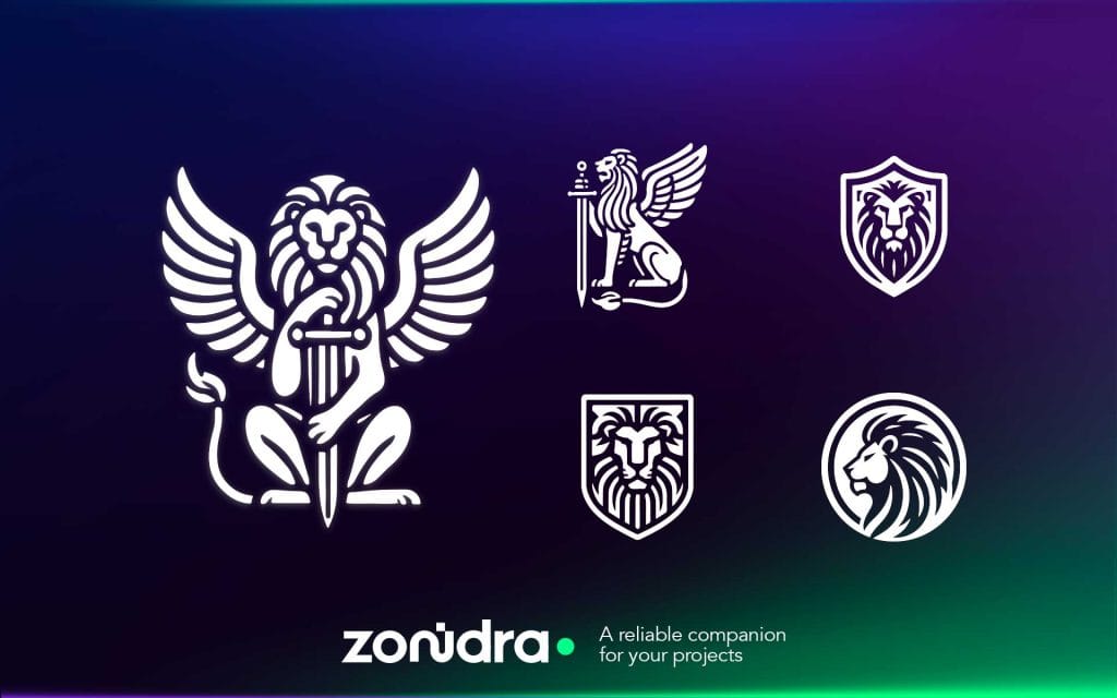 Illustration graphique représentant plusieurs emblèmes stylisés de lions ailés et de têtes de lion dans des boucliers, sur fond dégradé violet et vert. Ces symboles évoquent la puissance, la noblesse et la protection, et sont typiques du design d’emblèmes utilisés en branding ou identité visuelle institutionnelle. Copyright © 2025 Zonidra