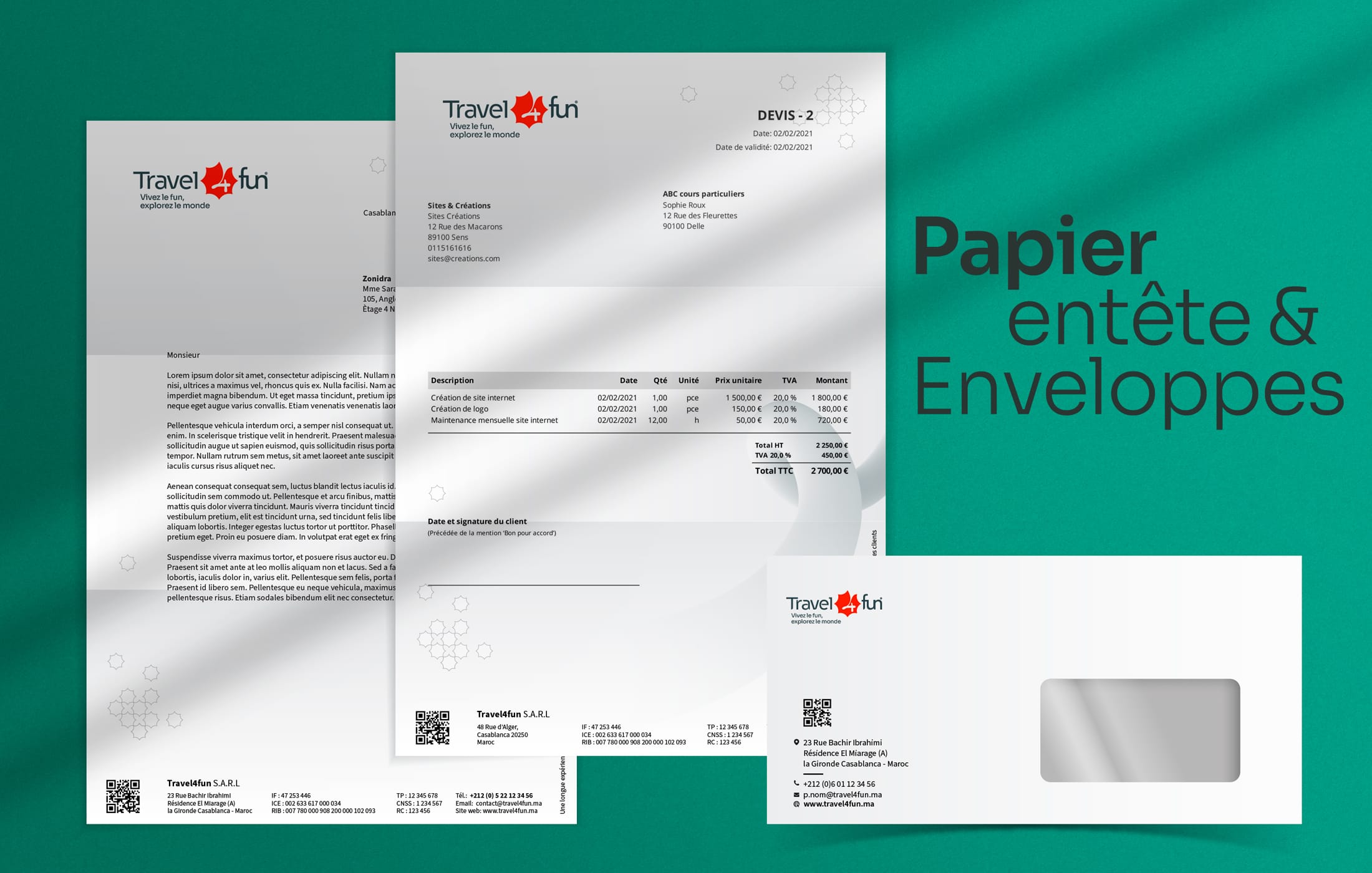 travel4fun-011 Design de devis et supports administratifs Travel4Fun, intégrés dans la refonte d’identité visuelle pour agence de voyage.