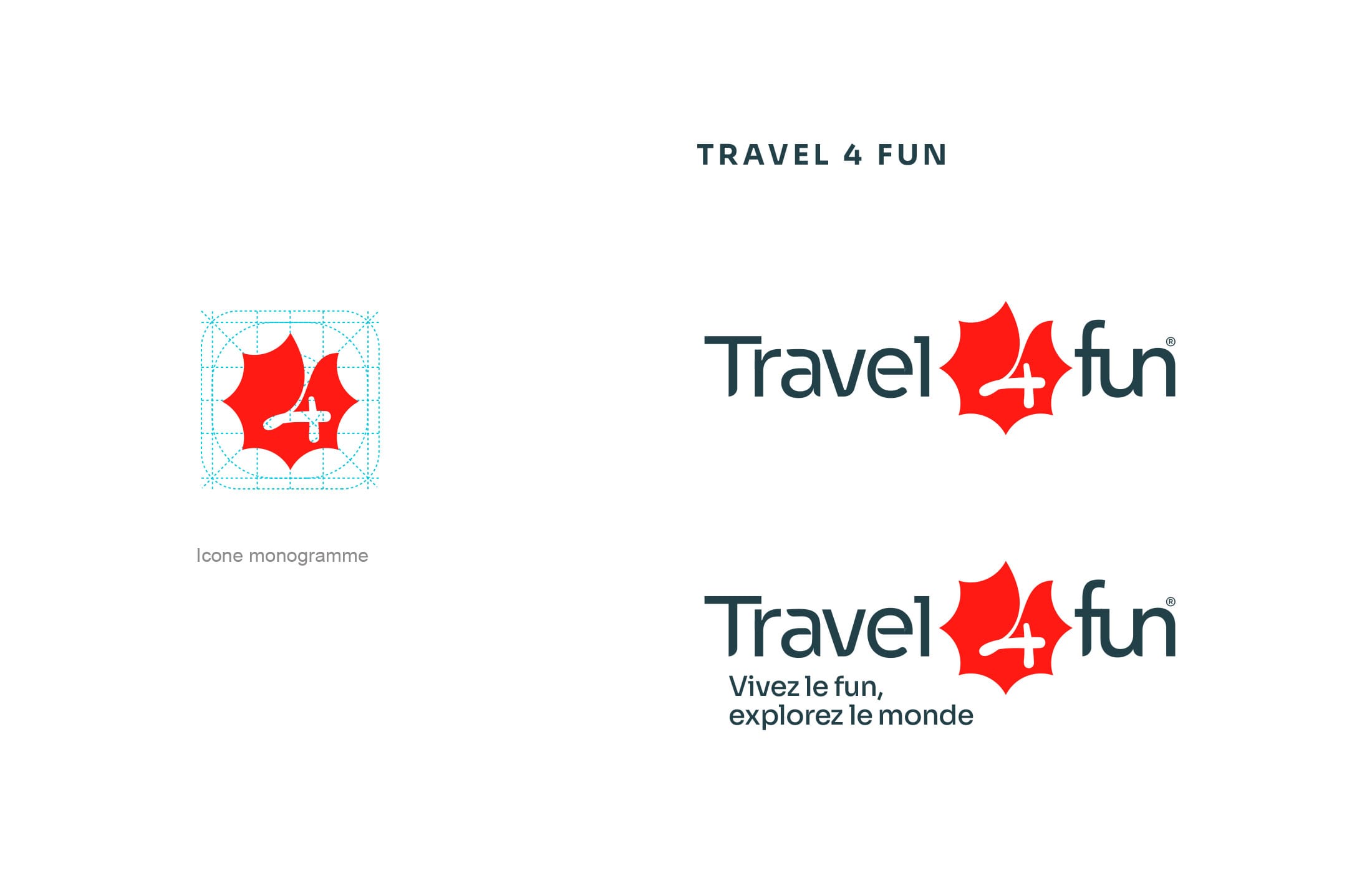travel4fun-036 Logo principal Travel4Fun après rebranding agence de voyage par Zonidra, avec symboles de boussole, soleil, avion et trajectoire.
