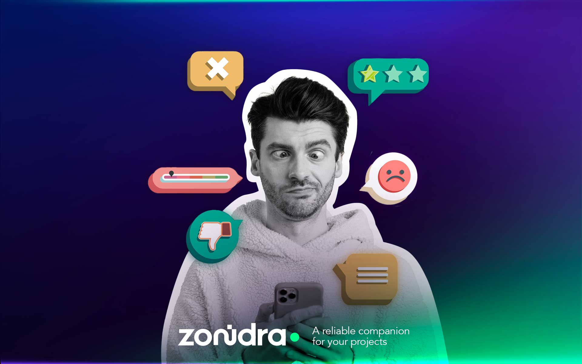 Homme perplexe regardant son smartphone, entouré d’icônes illustrant des avis clients, des évaluations et des émotions positives ou négatives, utilisé comme illustration visuelle du persona marketing.