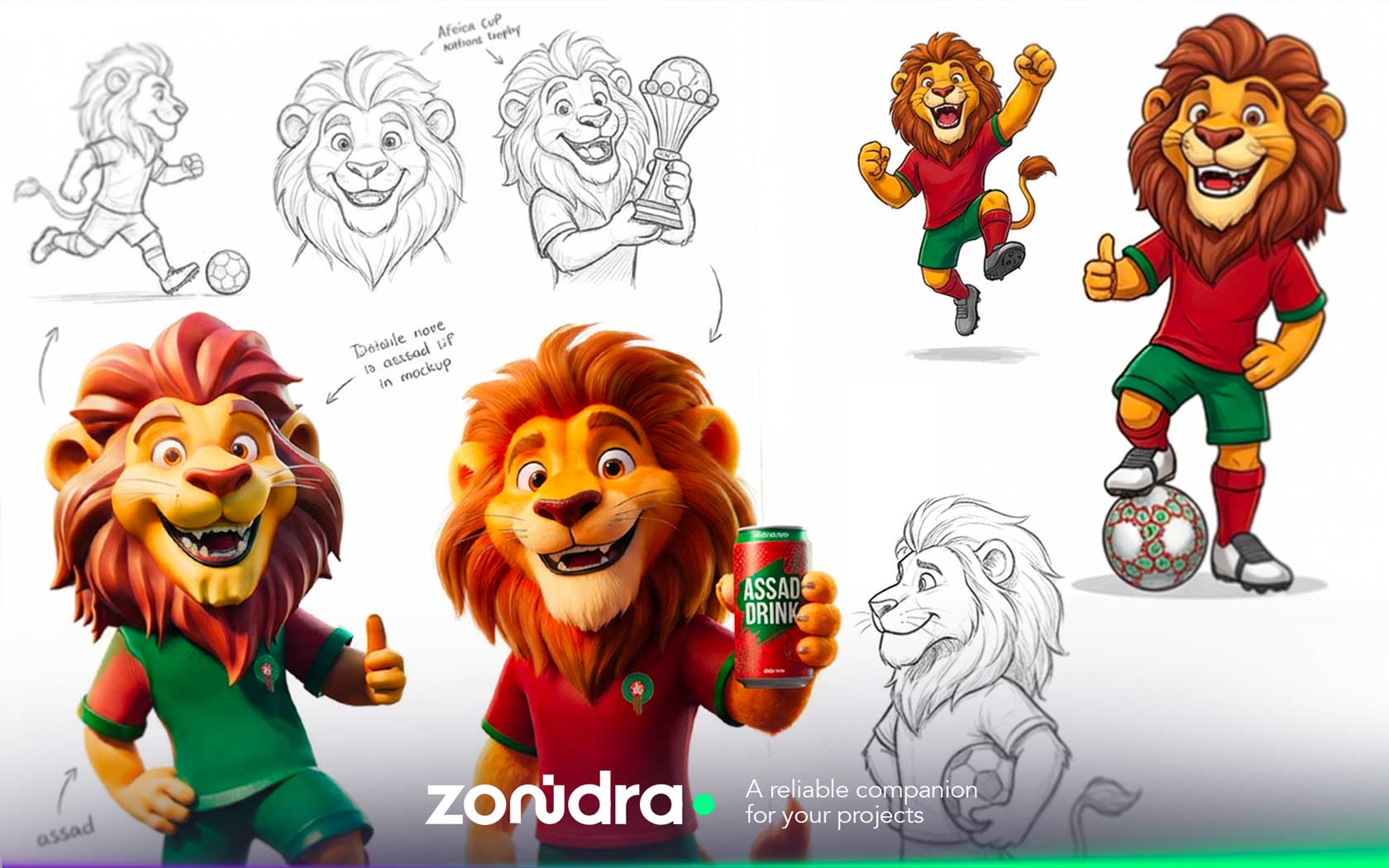 Étapes de conception de la mascotte « Assad » de la CAN Maroc 2025, du croquis au design final du lion officiel.